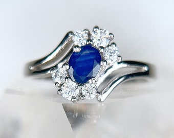 Blauer Saphir Sterling Silber Ring, Größe 7, Oval Natürliche September Birthstone Ring, Art-Deco-Bypass-Blume Ring, Jubiläum Verlobungsring
