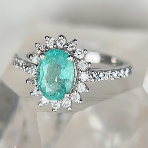 Columbian Emerald Star Halo Sterling Silver Ring Size 7 - Oval Cut Genuine Natural May Birthstone - Engagement - Pave Band - 1.4ct 7x5mm - CrystalRockStar Los Angeles California