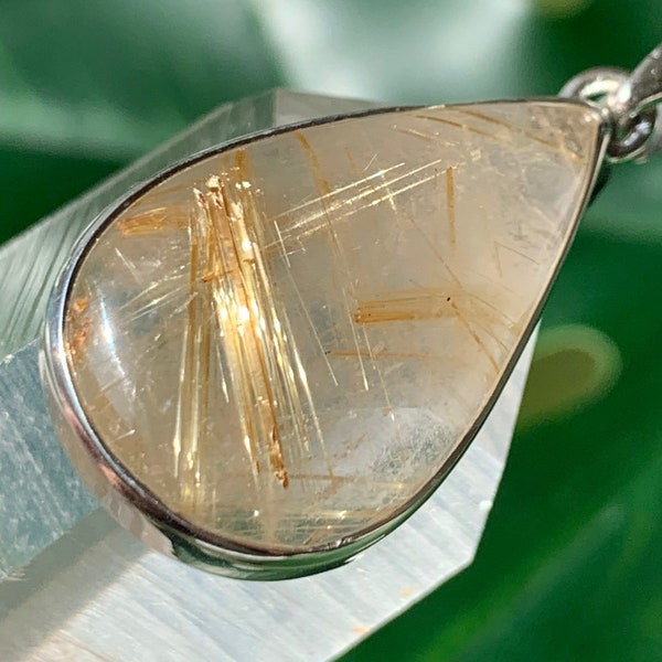 Rutilated Clear Quartz Sterling Silver Pendant - Pear Teardrop - Golden Rutilated Angel Hair Crystal Necklace