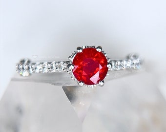 Ruby Sterling Silver Ring Size 8 9 10 - Round Red Gemstone Ring, July Birthstone, Victorian Ring, Anniversary Gift for Her, Engagement Ring