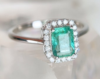 Smaragd-Halo-Ring aus Sterlingsilber, 1,1 ct, Größe 8, kolumbianischer Smaragd-Edelstein, echter natürlicher Mai-Geburtsstein-Ring, Verlobungsring, Versprechensring