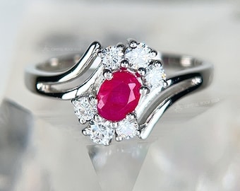 Bague en argent sterling rubis taille 7 Pierre de naissance de juillet rose naturel ovale, bague fleur art déco, bague de promesse, bague de fiançailles, cadeau pour maman