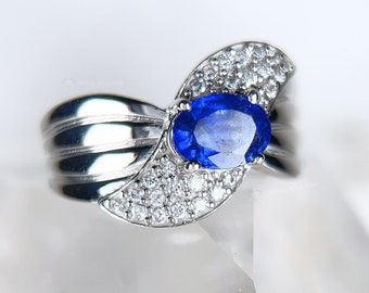 Bague en argent saphir bleu - Taille 7 & 8 - Pierre de naissance ovale naturelle de septembre - Bague large croisé pavé, bague de promesse, cadeau pour maman