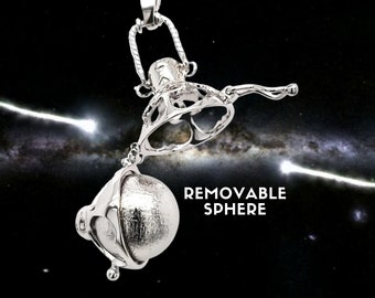 Meteorite Sphere and Moldavite Gems Locket Pendant - Sterling Silver Cage - Tektite Collectible - Removable Muonionalusta  Ball