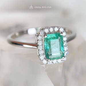 Columbian Emerald Halo Sterling Silver Ring 1.1ct - Size 8 - Emerald Cut Genuine Natural May Birthstone 7x5mm - Engagement Gift for Her - CrystalRockStar Los Angeles California