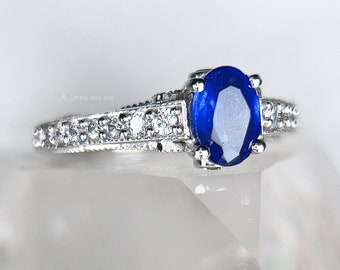 Bague en argent saphir bleu, taille 5 6 7 8, bague de naissance ovale de septembre, bague art déco, bague de fiançailles, bague avec pierres précieuses, bague de promesse