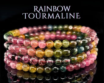 Rainbow Tourmaline Stretch Bead Bracelet, A Grade 5mm Multicolor Round Beads, Chakra Balancing, Watermelon Pink Green Blue Gold Crystals