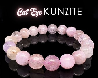 Kunzite Crystal Bracelet, Premium Cat Eye Kunzite Bead Stretch Bracelet, Unique Gifts for Her, 11mm Champagne and Cotton Candy Pink Beads