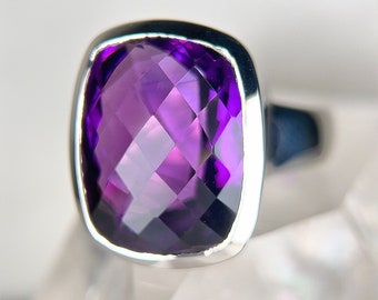 Amethyst Ring Sterling Silver, Statement Cocktail Ring Size 8, Chunky Faceted Cushion Cut Genuine Natural Gemstone, February Birthstone