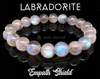 Labradorite Crystal Stretch Bracelet, Chakra Balancing Gems, Empath Protection, 10mm Blue Flash, 6.5" A Grade Beads, Gift for Empaths