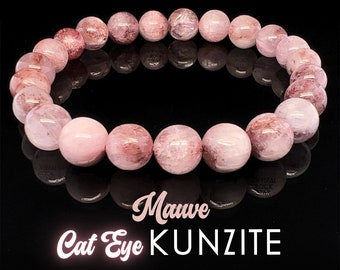 Mauve Kunzite Bracelet, Rare Cat Eye 8mm Shiny Pink Crystal Beads, Friendship Love Bracelet, Unique Gifts for Mom Grandmother BFF 6.5"