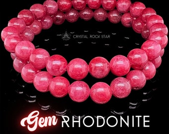 Gem Rhodonite Bracelet, AAA Quality Genuine Gemstone Friendship Bracelet, Berry Pink Crystal 6mm 8mm 10mm Beads, Self Love Gifts for Her