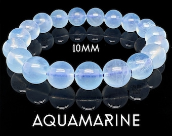 Luminous Aquamarine Bracelet, March Birthstone Bracelet, Gemstone Bracelet, Protection Bracelet, 6.5" AAA 10mm Genuine Crystal Beads Stretch