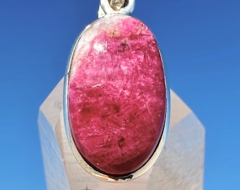 Tugtupite Sterling Silver Pendant, Pink Natural Color Changing Genuine Greenland Rare UV Reactive Crystal, Unique Jewelry Mother's Day Gift