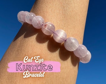 Kunzite Bracelet, Rare Cat Eye A Grade Stretch Bracelet, Unique Gifts for Her, 10mm Cotton Candy Pink Crystal Beads, Love Friendship Gift