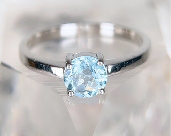 Aquamarine Solitaire Ring Size 7.5 Faceted Round Natural Genuine March Birthstone - 0.75 carats - Sterling Silver Minimalist Womens Jewelry