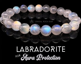 Labradorite Bracelet 6.75" A Grade Gemstone, Chakra Stretch Bracelet, Empath Aura Protection, 10mm Blue Aurora Flash, Gifts for Her