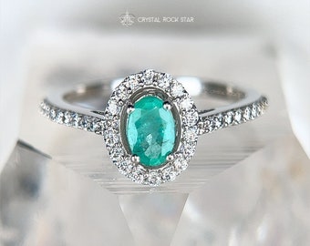 Natural Emerald Halo Ring - Sterling Silver - Size 7 - Oval 0.3ct Genuine Colombian May Birthstone Ring - Engagement Ring - Birthday Gift