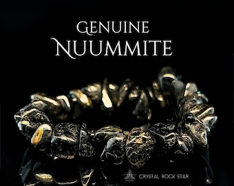 Pulsera genuina de chip Nuummite, cristal de Groenlandia, idea de regalo rara única, joyería de protección empática, cristales llamativos de 3 mil millones de años