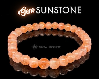 Gem Sunstone Stretch Bracelet, Lucky Bracelet, Friendship Bracelet, Sparkly Hematite Arusha Beryl Orange Crystals 6mm Gemstone Beads