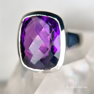 Chunky Amethyst Statement Ring: Purple Sterling Silver Cocktail Ring, February Birthstone Size 8