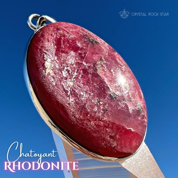 Gem Rhodonite Chatoyant Crystal Pendant 1.8" Oval Shape Silver Setting - Rare Shimmery Pink Crystal Jewelry - Premium Gemmy Necklace
