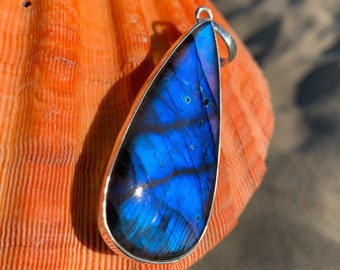 Electric Blue Labradorite Pendant - Large Flashy Crystal - Water Drop Pear Statement Necklace 2.6" - Sterling Silver