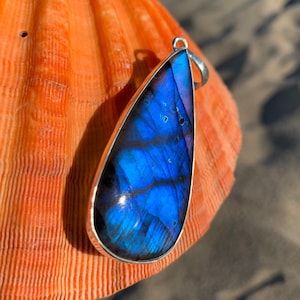 Electric Blue Labradorite Pendant: Sterling Silver, Teardrop Large Crystal Statement Necklace 2.6&quot;