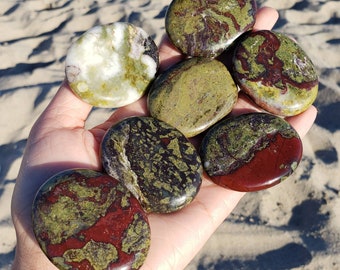 Dragon Blood Jasper Palm Stone - Curved Concave Bloodstone Oval Worry Stone - Crystal for Strength - Red Jasper Epidote Piedmontite