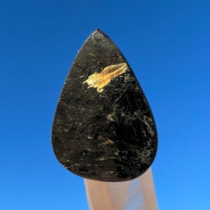 Greenland Nuummite Teardrop Pear Cabochon with Gold & Bronze Flashes - Genuine Rare Crystal - Flat Palm Stone Tumbled Alternative - CrystalRockStar CA