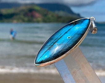 XL Labradorite Statement Sterling Silver Pendant - Blue Flash Surfboard Surfer Necklace  - Premium Large Crystal 3"