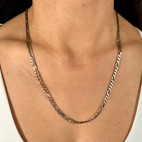 Gunmetal Figaro Italian Sterling Silver Chain 22" Long - 4mm Wide - Oxidized Dark Gray Necklace - Unisex Mens Womens Jewelry Gift