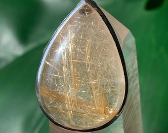 Rutilated Quartz Sterling Silver Pendant - Pear Teardrop Crystal - Titanium Golden Rutilated Inclusions - Laser Focus and Abundance