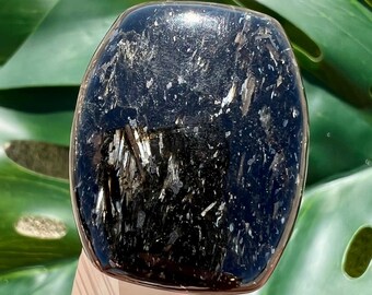Nuummite Cabochon Silver Bronze Rounded Rectangle -  Flashy Genuine Rare Greenland Crystal - Palm Stone Tumbled Alternative