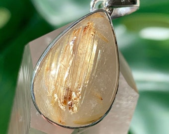 Rutilated Quartz Sterling Silver Pendant - Pear Teardrop Gleaming Golden Rutilated Quartz - Thick Flashy Inclusions