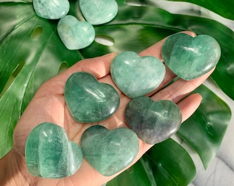 Green Fluorite Heart Palm Stone - Heart Chakra Meditation Crystal for Emotional Clearing and Inner Peace - Chunky 1.7"