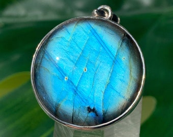 Blue Moon Labradorite Pendant Sterling Silver - Full Moon Circle Crystal - Flashy Empath Aura Protection - Round Statement Necklace