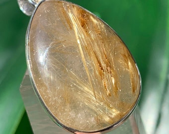 Rutilated Quartz Sterling Silver Pendant - Pear Teardrop Clear Natural Crystal with Golden Rutilated Titanium Inclusions