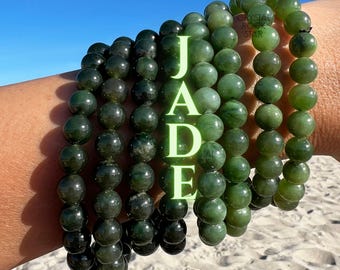Pulsera elástica de cuentas de jade auténtico, cuentas verdes naturales de 8 mm, elemento tierra, joyería para atraer la buena suerte y proteger los chakras.