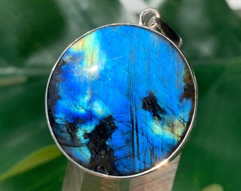 Blue Moon Labradorite Pendant Sterling Silver - Flashy Circle Empath Aura Protection - Round Statement Necklace