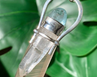 Aquamarine and Quartz Scepter Pendant Sterling Silver - Lucky Charm Horseshoe Magic Wand Anhk Necklace - Throat Chakra Empath Protection