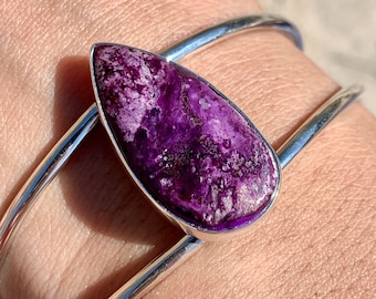 Sugilite Cuff Bracelet - Sterling Silver - Pear Teardrop Statement Bangle - Third Eye Chakra Purple Violet Crystal - Festival Arm Jewelry