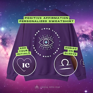 Moletom com o Zodíaco Galáctico, Camiseta personalizada com o signo astrológico, Suéter personalizado com monograma da Galáxia com afirmação positiva, Suéter com o signo do zodíaco