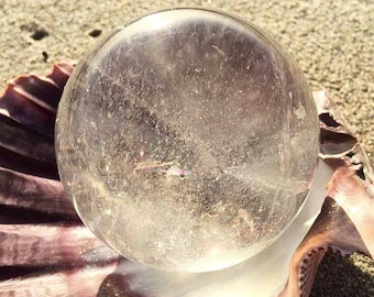 Quartz Sphere with Seashell Holder, Large Natural Clear Quartz Sphere, Crystal Ball, Beach Home Decor, Ocean Decor 3", Mermaid Decor