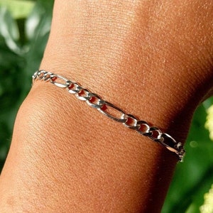 Figaro Italian Sterling Silver Chain Bracelet 7&quot; Long - 3.7mm Wide - Chain Link Genuine Silver Bracelet Gift for Her