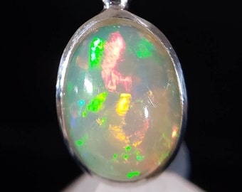 Echter Opal Silber Anhänger: Natürliches Regenbogen Feuer, Oktober Geburtsstein Halskette, äthiopischer Welo Edelstein