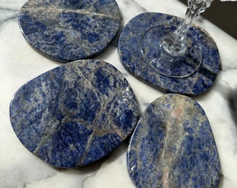 Sodalite Coasters, Set of 4 Blue Crystal Coasters, Coaster Set, Drink Coasters, Thanksgiving Table Decor, Housewarming Decor, Wedding Gift