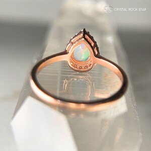 Rainbow Opal Ring, Rose Gold Sterling Silver, Pear Halo Solitaire, Faceted Genuine Natural Crystal, October Birthstone Gemstone Size 5 6 7 8 - CrystalRockStar California