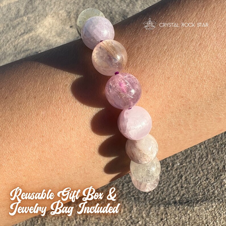 Kunzite Crystal Bracelet, Semi-Translucent Cat Eye Kunzite Bead Stretch Bracelet, Rare Cat Eye Effect, Unique Gifts for Her, 10mm Champagne and Cotton Candy Pink Beads, CrystalRockStar California