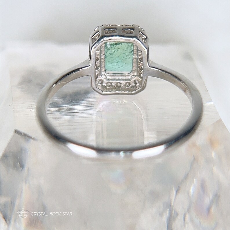 Columbian Emerald Halo Sterling Silver Ring 1.1ct - Size 8 - Emerald Cut Genuine Natural May Birthstone 7x5mm - Engagement Gift for Her - - CrystalRockStar Los Angeles California